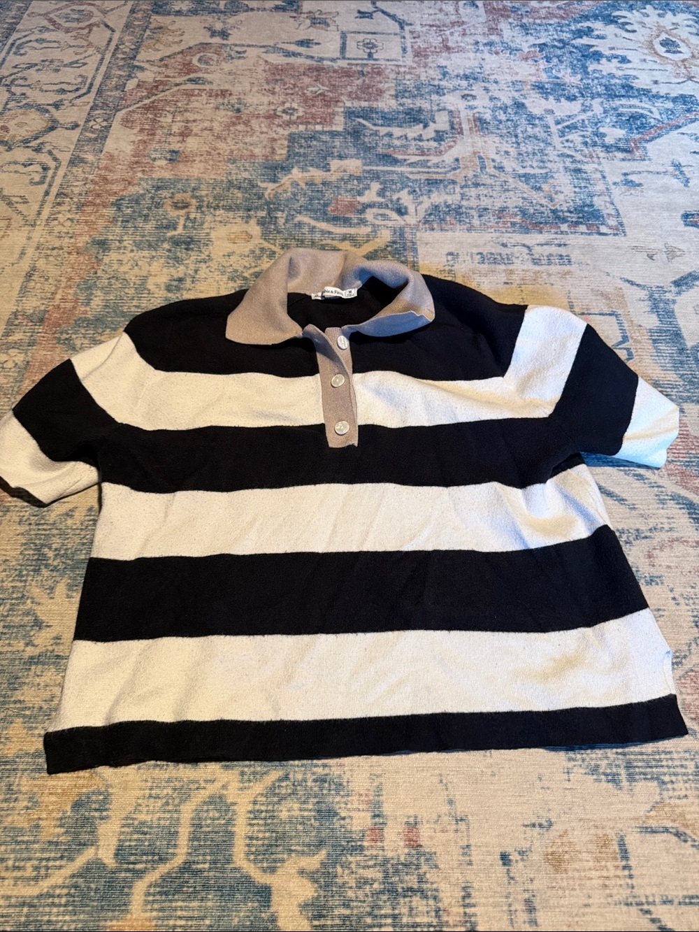 Abercrombie & Fitch Black and White Striped Polo with Tan Collar Detail